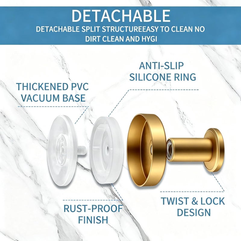 Getaria Shower Suction Cup Hooks, Heavy Duty Bathroom Wall Hooks for Towels, Robes, Loofahs, Removable Metal Hook for Tile Glass Mirror, No Drill (4, Gold) - Image 2