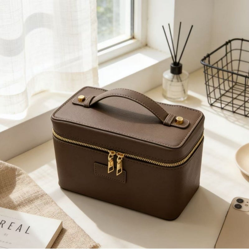 Waterproof PU Leather Cosmetic Bag with Compartments, Large Capacity Portable Toiletry Bag for Travel and Daily Use - Image 3