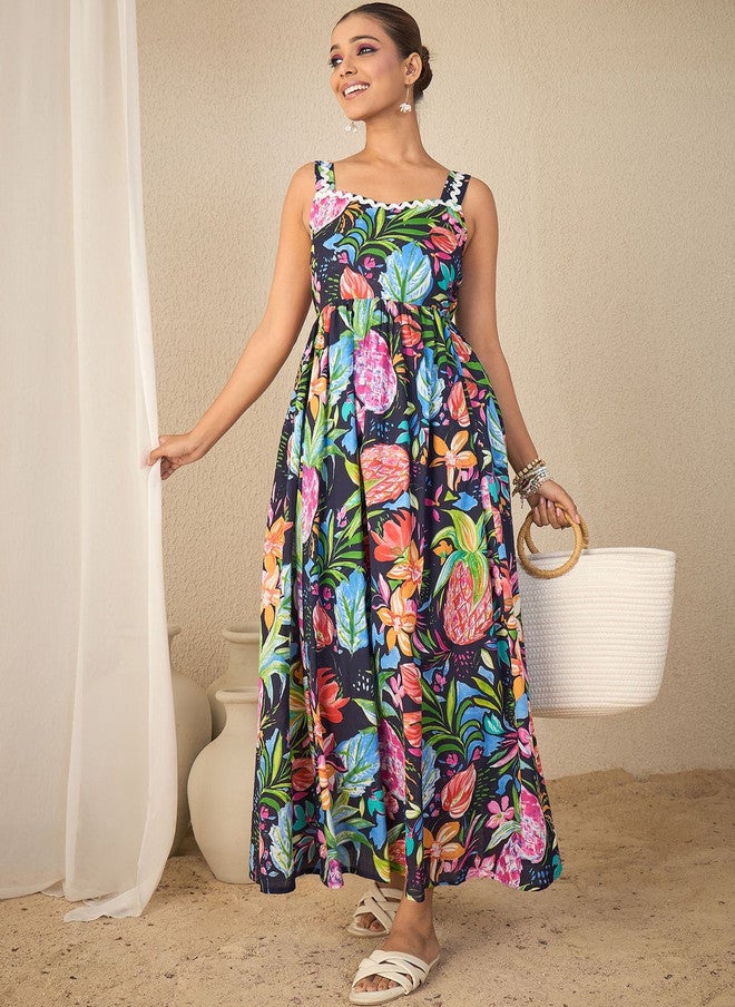 WineRed Navy Blue Tropical Print Fit & Flare Maxi Dress - Image 1