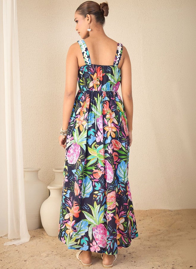 WineRed Navy Blue Tropical Print Fit & Flare Maxi Dress - Image 5