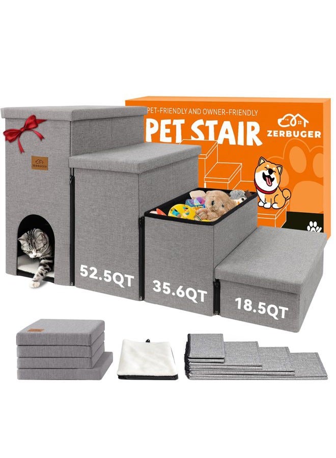 Zerbuger Dog Stairs 23" H, 4-Step Wider Dog Steps for High Beds Window, Folding Storage Pet Stairs Gift for Small/Medium/Large Old Dogs Cats, Ramp for Climbing Car Up to 200 lbs (Gray, with Condo) - Image 1