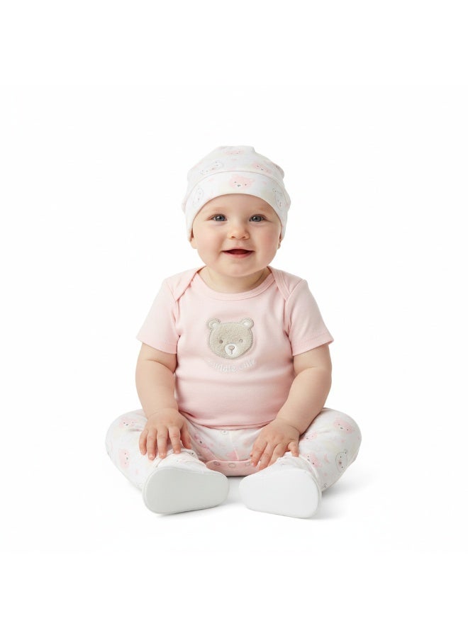 Bambimici Baby Pink Cotton Bodysuit & Pants Set with Hat – 3-Piece Newborn Outfit - Image 1