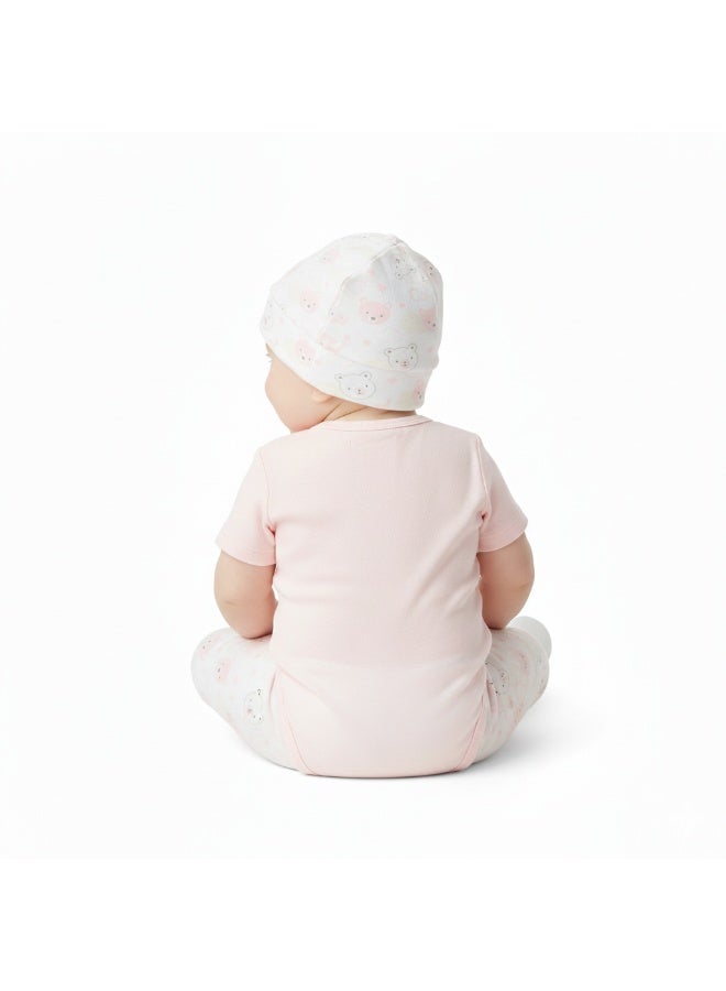 Bambimici Baby Pink Cotton Bodysuit & Pants Set with Hat – 3-Piece Newborn Outfit - Image 3