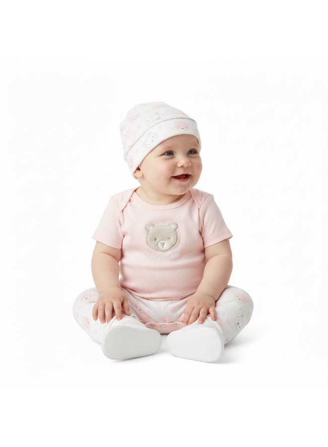 Bambimici Baby Pink Cotton Bodysuit & Pants Set with Hat – 3-Piece Newborn Outfit - Image 2