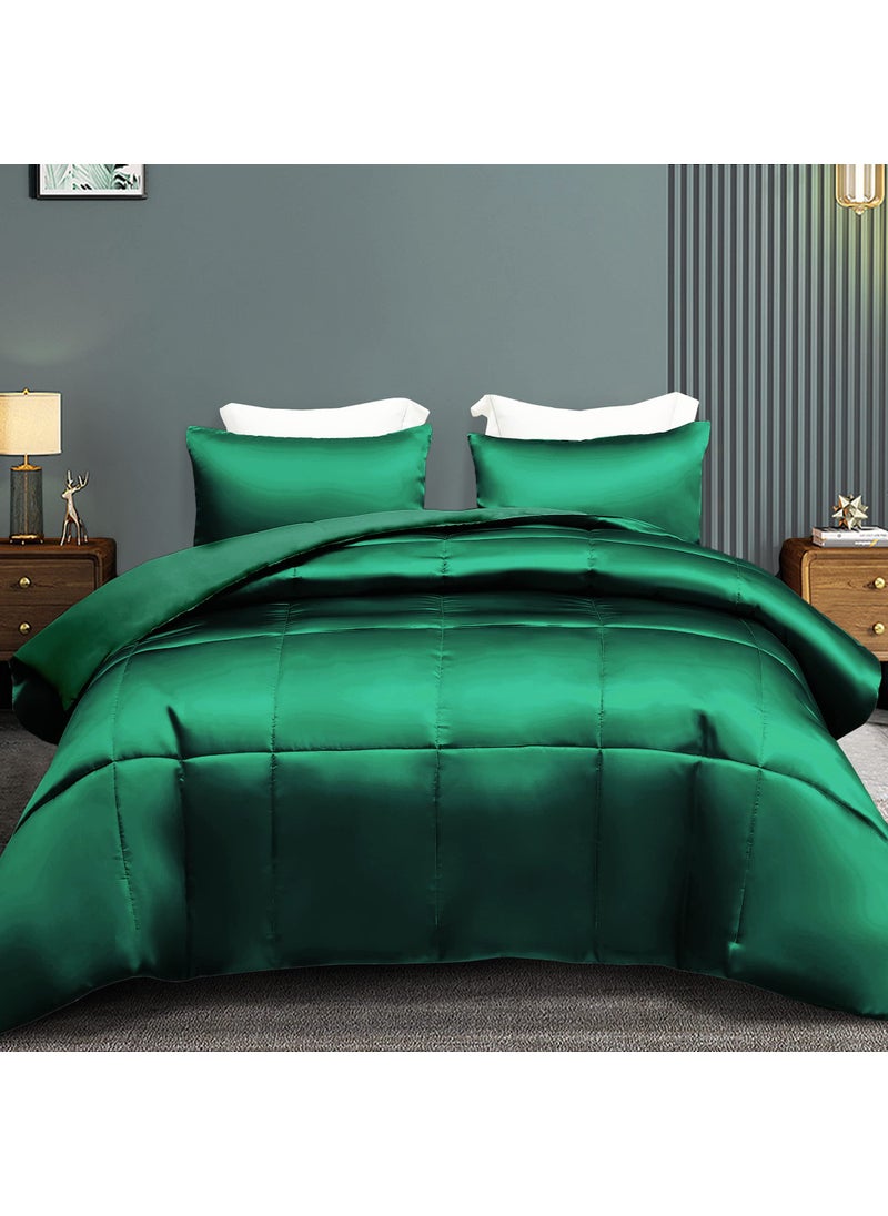 Whale Flotilla Whale Flotilla 3-Piece Reversible Queen Size Silky Comforter Set/Bedding Set  Luxury Soft Satin Comforter with 2 Satin Pillowcases  Lightweight Duvet Set for All Seasons  Deep Green  - Image 1