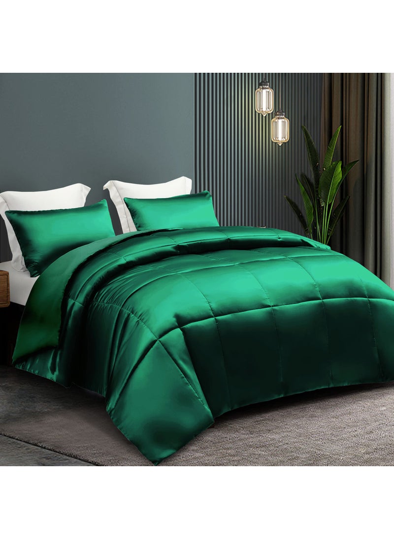 Whale Flotilla Whale Flotilla 3-Piece Reversible Queen Size Silky Comforter Set/Bedding Set  Luxury Soft Satin Comforter with 2 Satin Pillowcases  Lightweight Duvet Set for All Seasons  Deep Green  - Image 2