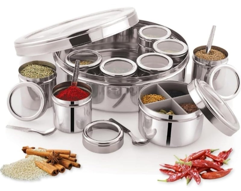 MILTLIFE 12 in 1 Stainless Steel Masala Box For Kitchen Spice Box Masala Dabba Storage Organizer For Kitchen Utensils 1800ml Silver - Image 1