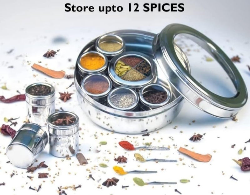 MILTLIFE 12 in 1 Stainless Steel Masala Box For Kitchen Spice Box Masala Dabba Storage Organizer For Kitchen Utensils 1800ml Silver - Image 2