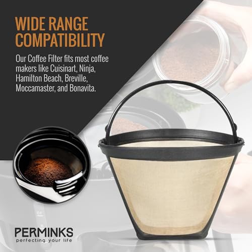 PERMINKS Reusable #4 Gold Tone Mesh Cone Coffee Maker Filter Basket - exact Replacement for Cuisinart, Ninja, Hamilton Beach, Breville, Moccamaster, Bonavita, Farberware, 1pc - Image 3