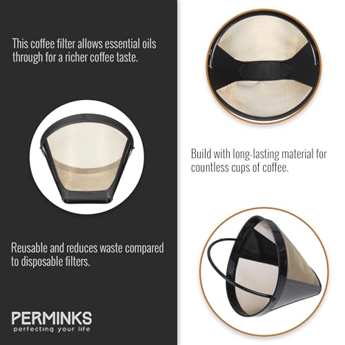PERMINKS Reusable #4 Gold Tone Mesh Cone Coffee Maker Filter Basket - exact Replacement for Cuisinart, Ninja, Hamilton Beach, Breville, Moccamaster, Bonavita, Farberware, 1pc - Image 2
