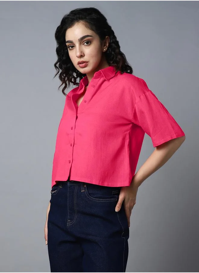 هاي ستار Solid Short Sleeve Cropped Regular Fit Shirt