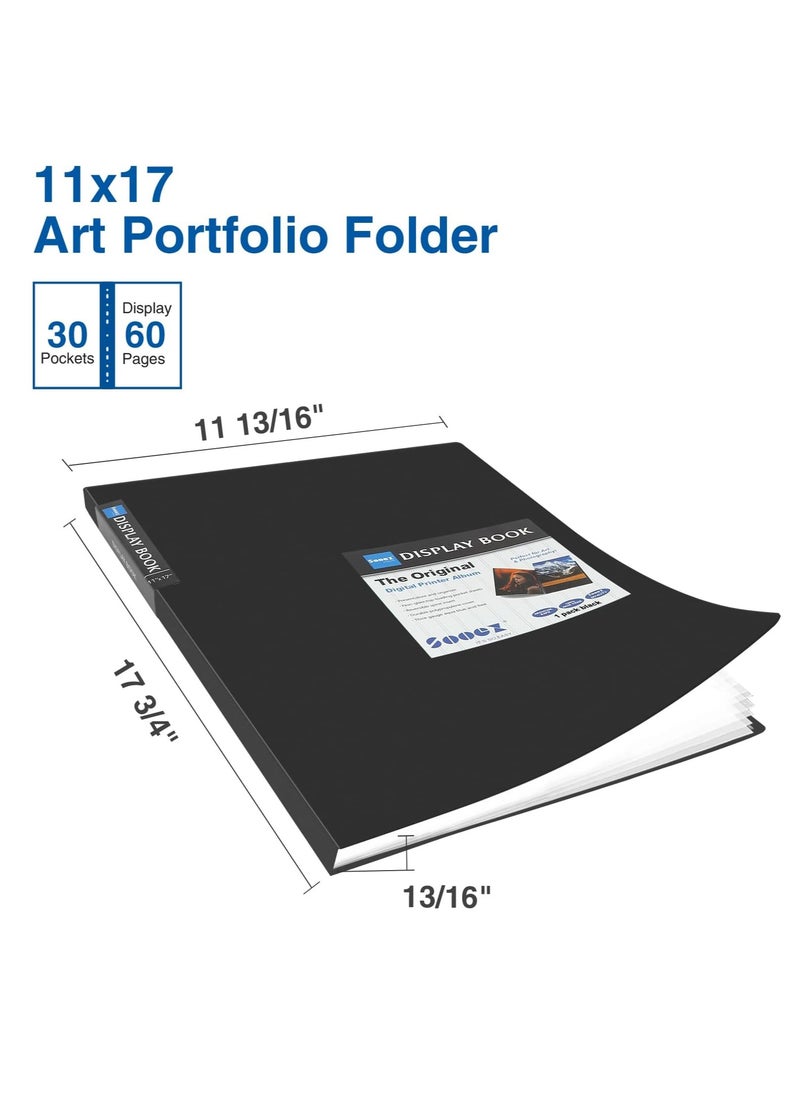 Sooez Art Portfolios 11"x17", Large Portfolio Folder with 30 Pockets & Black Inner Sheets, Display 60 Pages, 11 x 17 Presentation Book