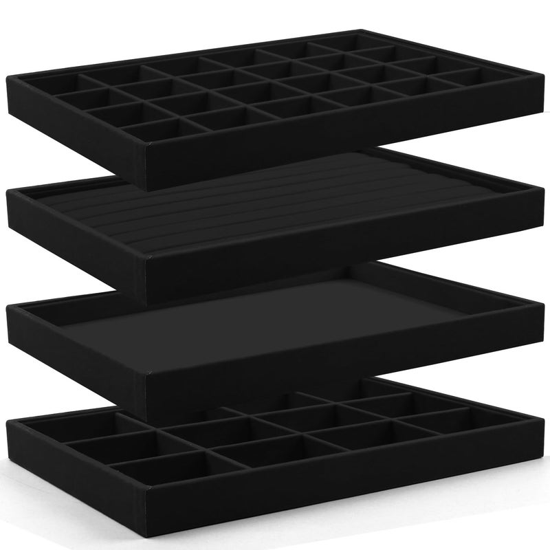 Lainrrew Jewelry Tray, 4 Pack Jewelry Organizer Velvet Jewelry Tray Stackable Jewelry Trays, Necklace & Earring Holder, Divided Bracelet & Ring Storage, 13.8"x9.5"x1.2" - Elegant Display Case (Black) - Image 1