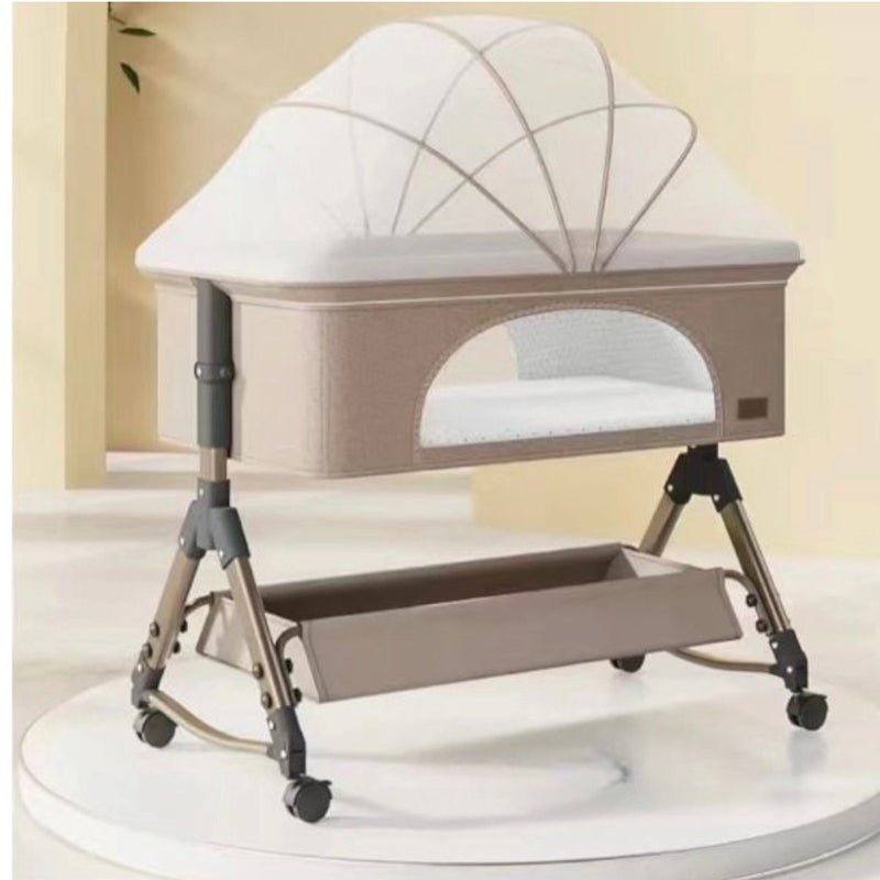 السعادة هوم  4-in-1 Portable Baby Crib, Infant Bed, Bedside Crib, Side Sleeper, Adjustable Rocking Bed with 6 Heights and Wheels, Full Mesh Side Bed for Newborns - 80x50cm - Image 3