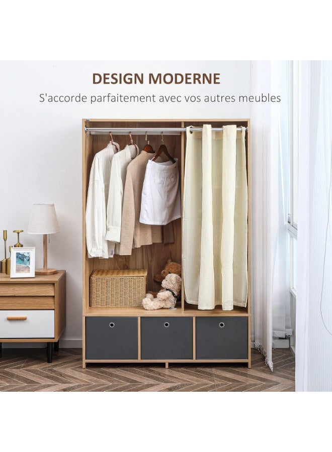 HOMCOM Wardrobe Storage with Rod Curtain 3 Removable Fabric Drawers 105 x 48 x 160 cm Natural Wood Color - Image 3
