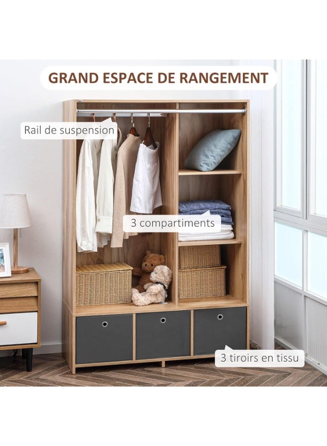 HOMCOM Wardrobe Storage with Rod Curtain 3 Removable Fabric Drawers 105 x 48 x 160 cm Natural Wood Color - Image 4