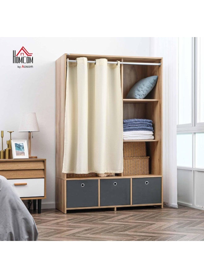 HOMCOM Wardrobe Storage with Rod Curtain 3 Removable Fabric Drawers 105 x 48 x 160 cm Natural Wood Color - Image 1
