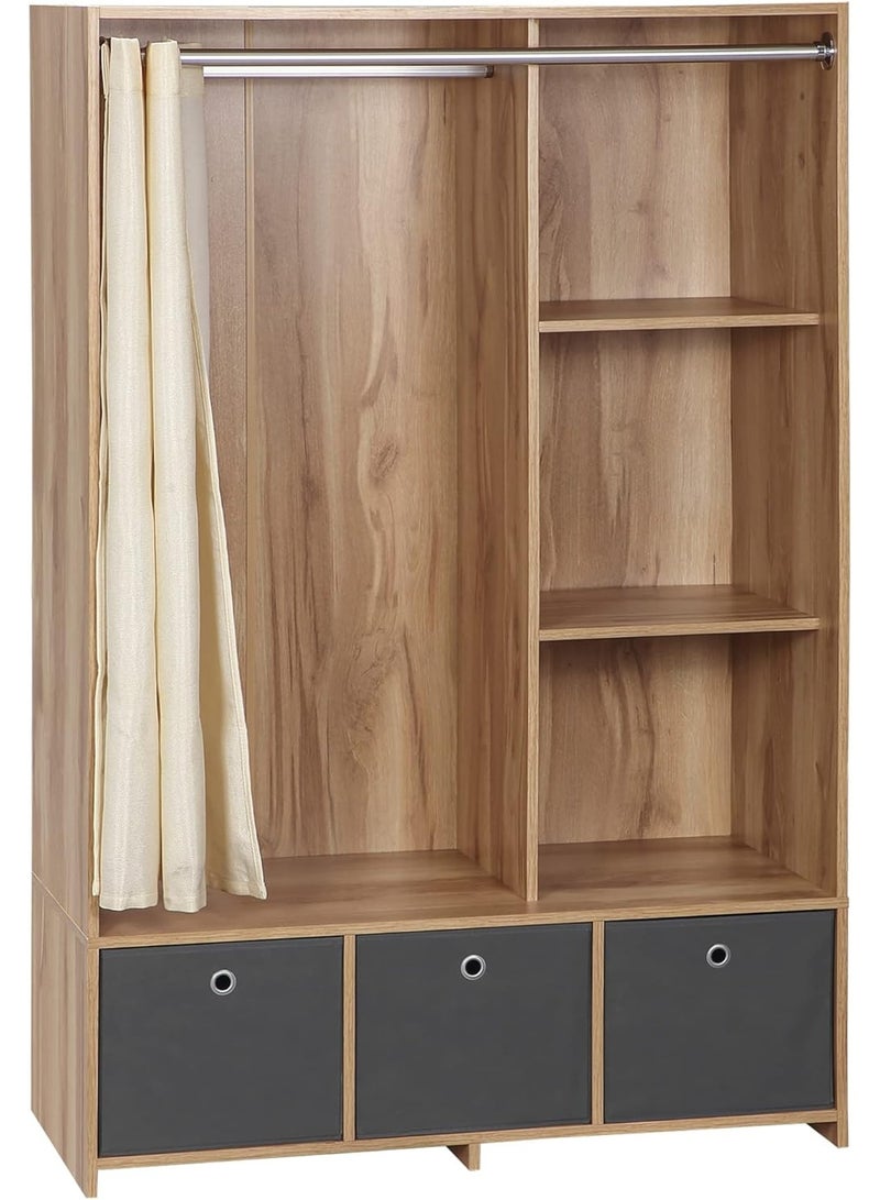 HOMCOM Wardrobe Storage with Rod Curtain 3 Removable Fabric Drawers 105 x 48 x 160 cm Natural Wood Color - Image 2