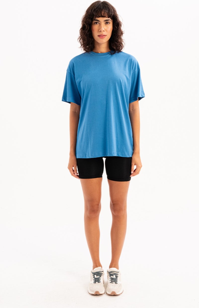 Justever 100% Cotton Oversize Fit Crew Neck Blue Women's T-Shirt - Halo  - Image 1