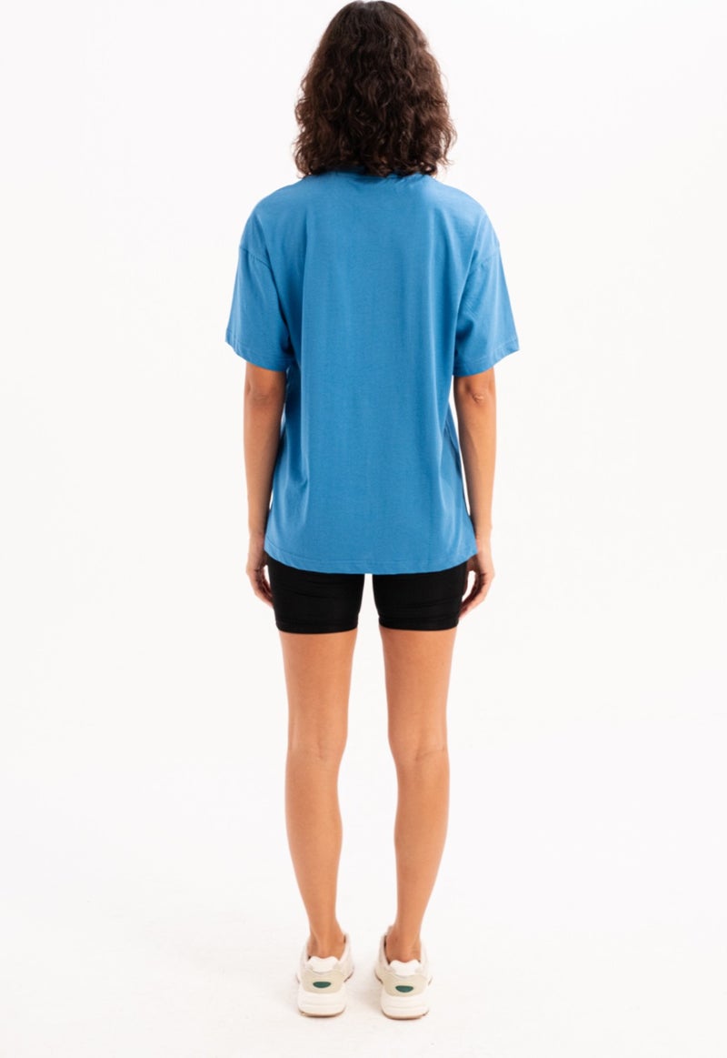 Justever 100% Cotton Oversize Fit Crew Neck Blue Women's T-Shirt - Halo  - Image 4