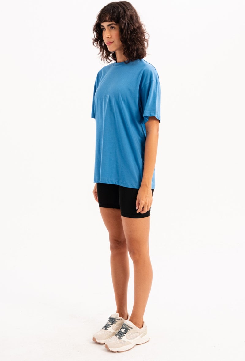 Justever 100% Cotton Oversize Fit Crew Neck Blue Women's T-Shirt - Halo  - Image 3