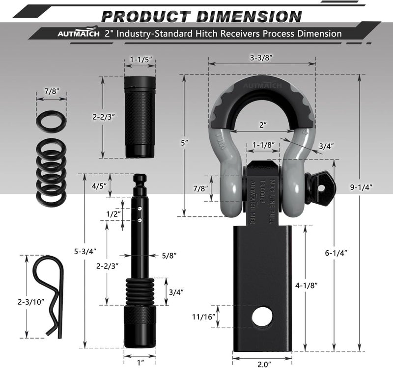 AUTMATCH Shackle Hitch Receiver 2 Inch - 3/4" D Ring Shackle and 5/8" Trailer Hitch Lock Pin, 45,000 Lbs Break Strength Heavy Duty Receiver Towing Kit for Off-Road Vehicle Recovery, Black & Gray - Image 3