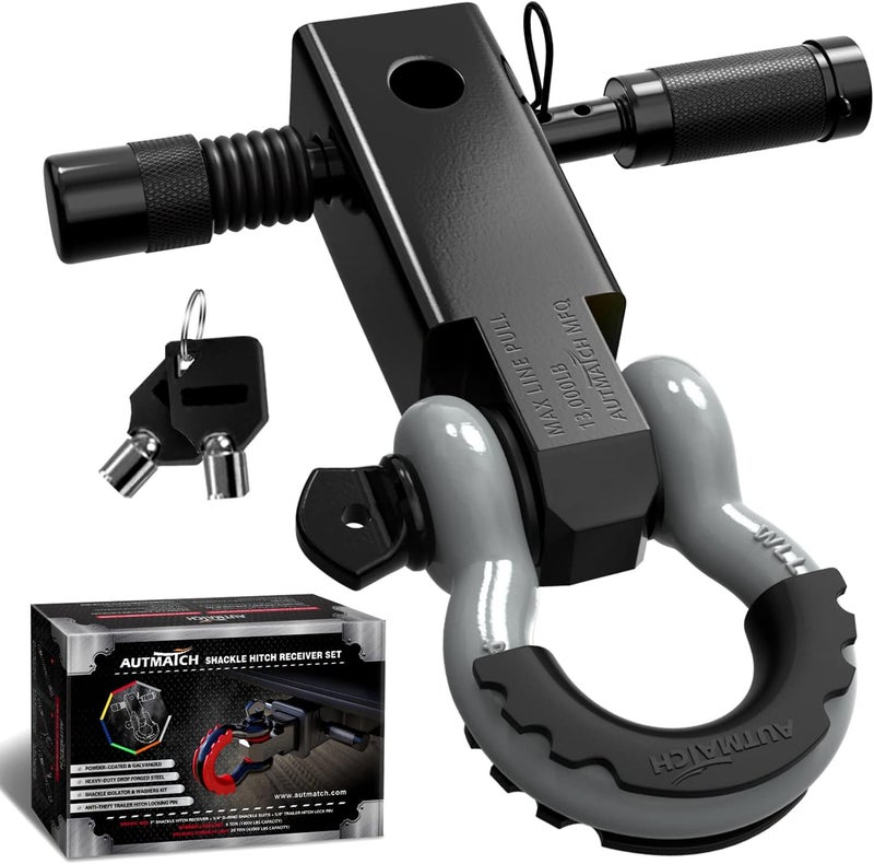 AUTMATCH Shackle Hitch Receiver 2 Inch - 3/4" D Ring Shackle and 5/8" Trailer Hitch Lock Pin, 45,000 Lbs Break Strength Heavy Duty Receiver Towing Kit for Off-Road Vehicle Recovery, Black & Gray - Image 1