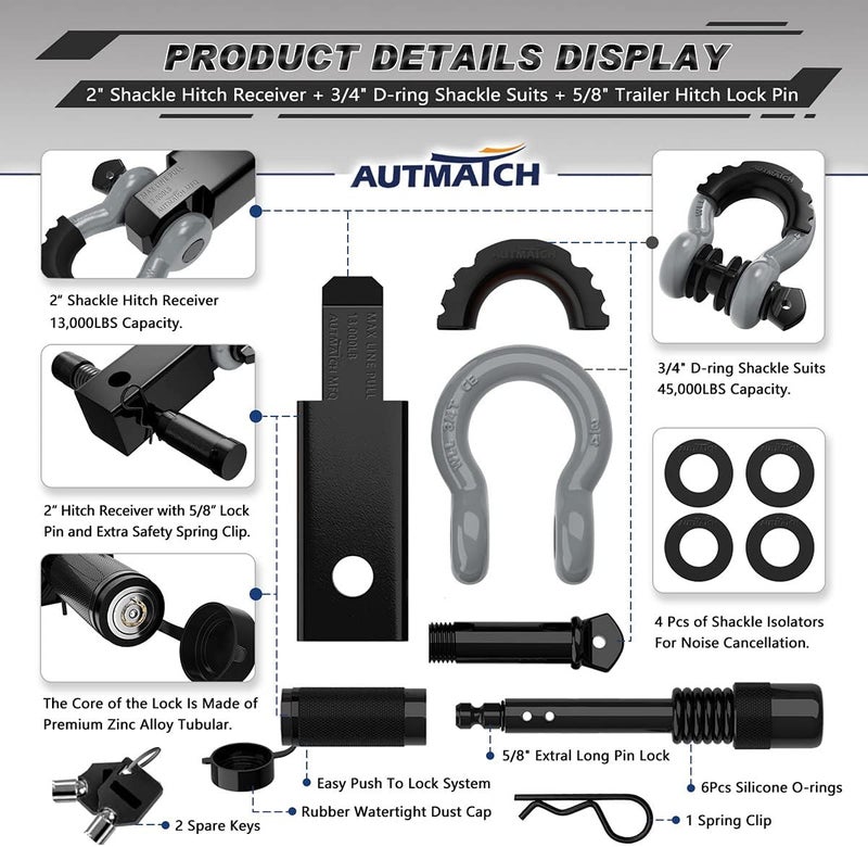 AUTMATCH Shackle Hitch Receiver 2 Inch - 3/4" D Ring Shackle and 5/8" Trailer Hitch Lock Pin, 45,000 Lbs Break Strength Heavy Duty Receiver Towing Kit for Off-Road Vehicle Recovery, Black & Gray - Image 2