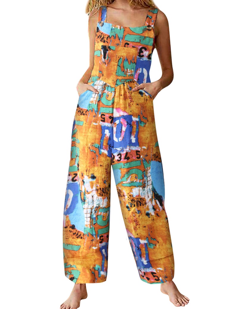 Himosyber Women's Patchwork Dual Pocket Jumpsuit Loose Floral Print Bohemian Wide Leg Bib Overall (Tan-Large) - Image 1