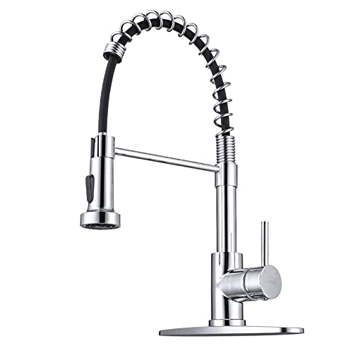 WEWE Chrome Kitchen Faucet, Faucet for Kitchen Sink with Pull Down Sprayer Kitchen Faucet with Deck Plate Stainless Steel Single Handle Spring for Farmhouse Utility Bar Laundry Sinks - Image 1