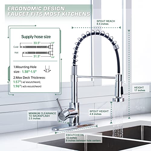 WEWE Chrome Kitchen Faucet, Faucet for Kitchen Sink with Pull Down Sprayer Kitchen Faucet with Deck Plate Stainless Steel Single Handle Spring for Farmhouse Utility Bar Laundry Sinks - Image 2