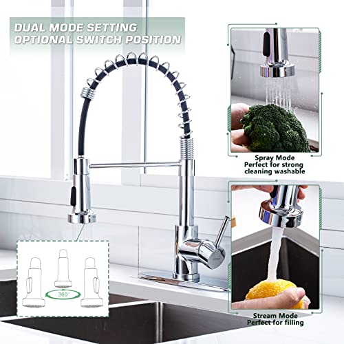 WEWE Chrome Kitchen Faucet, Faucet for Kitchen Sink with Pull Down Sprayer Kitchen Faucet with Deck Plate Stainless Steel Single Handle Spring for Farmhouse Utility Bar Laundry Sinks - Image 3
