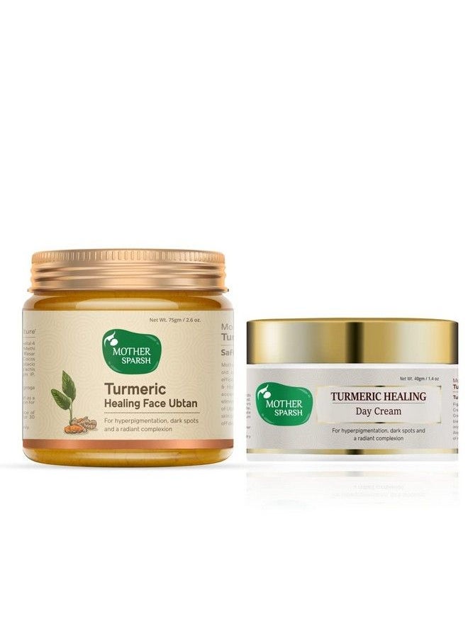 Mother Sparsh - Turmeric Healing Skin Care Combo; With Healing Face Ubtan 75G; Healing Day Cream 40G; For Dark Spots; Hyper Pigmentation & Radiant Complexion - Image 1