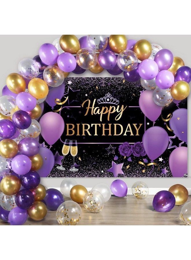 Tatuo Purple And Gold Birthday Party Decorations Purple Gold Confetti Balloons Kit Happy Birthday Photography Backdrop For Girls Ladies Women Birthday Party Supplies Decor - Image 1