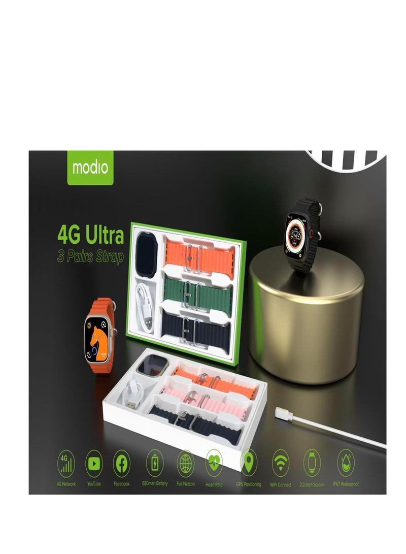 Modio 4G Ultra Smartwatch, 2.2-Inch HD Display, 64GB Storage, Cellular Connectivity, GPS, Phone Call Function, Interchangeable Straps, Black - Image 5