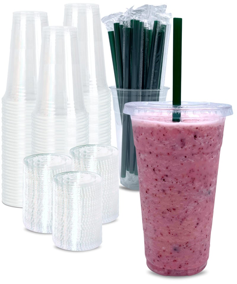 100 SETS 24 oz Clear Plastic Cups with Lids and STRAWS Disposable Iced Coffee cups with Lids Clear Cups with Lids for Cold Drinks Iced Tea Milkshakes Smoothies