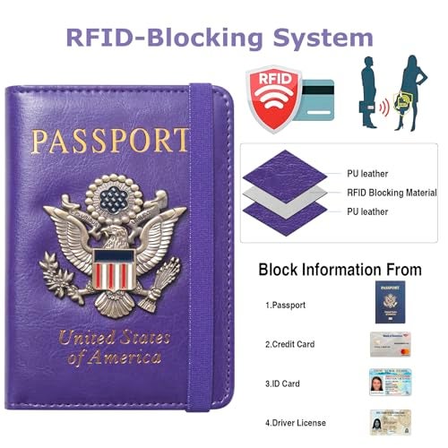 FACATH Passport Holder for Travel Passport Cover for Men Passport Wallet Case With 3D Metal Badge Protector Leather Card Case RFID Blocking Women Travel Accessories Document Organizer (Purple) - Image 2