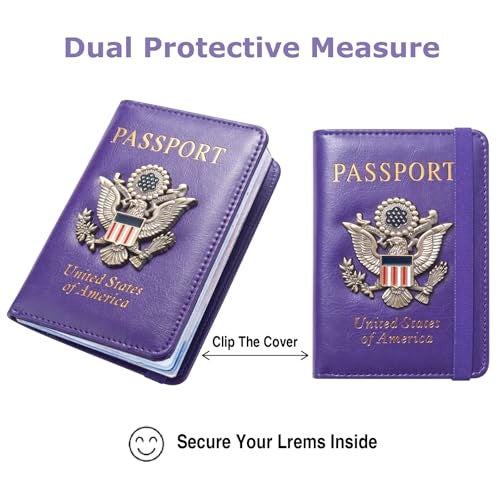 FACATH Passport Holder for Travel Passport Cover for Men Passport Wallet Case With 3D Metal Badge Protector Leather Card Case RFID Blocking Women Travel Accessories Document Organizer (Purple) - Image 5