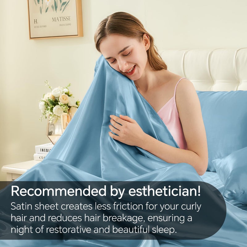 BEDELITE Satin Sheets Full Size Bed Set, Luxury Soft Airy Blue Silky Sheets for Hair and Skin, Similar to Silk Bed Sheets Set 4 Pieces with 1 Deep Pocket Fitted Sheet, 1 Flat Sheet, and 2 Pillowcases - Image 4