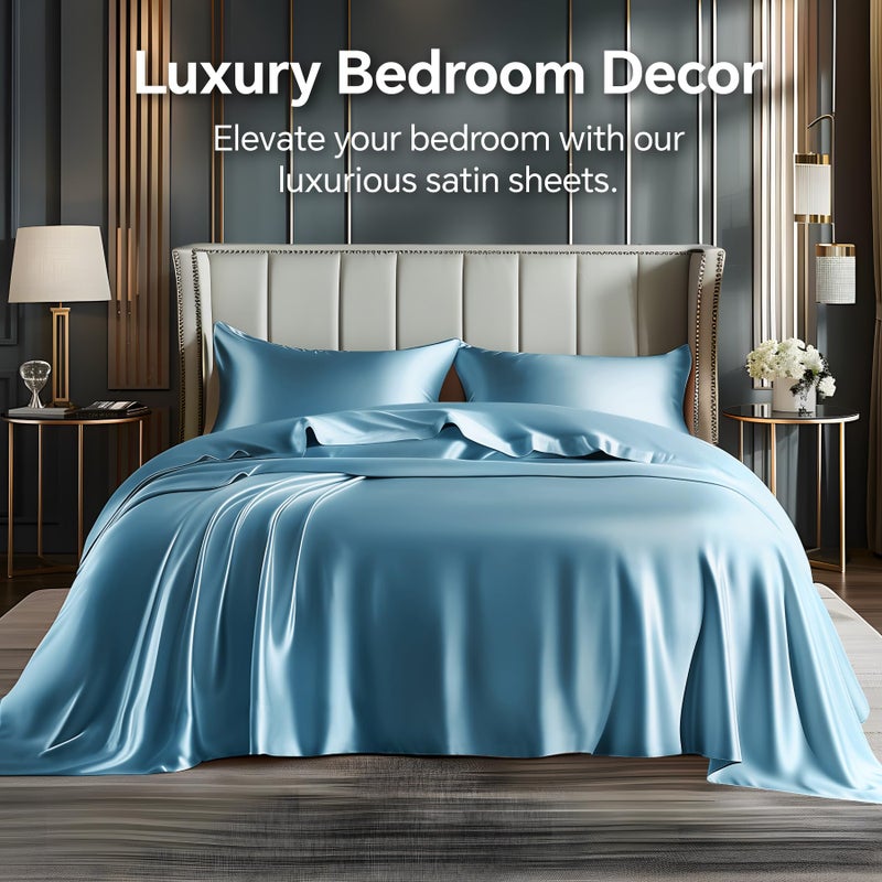 BEDELITE Satin Sheets Full Size Bed Set, Luxury Soft Airy Blue Silky Sheets for Hair and Skin, Similar to Silk Bed Sheets Set 4 Pieces with 1 Deep Pocket Fitted Sheet, 1 Flat Sheet, and 2 Pillowcases - Image 2