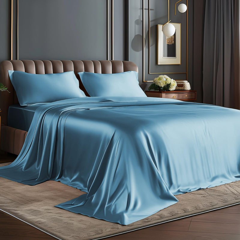BEDELITE Satin Sheets Full Size Bed Set, Luxury Soft Airy Blue Silky Sheets for Hair and Skin, Similar to Silk Bed Sheets Set 4 Pieces with 1 Deep Pocket Fitted Sheet, 1 Flat Sheet, and 2 Pillowcases - Image 1