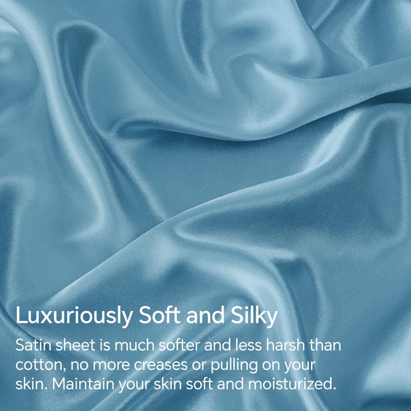 BEDELITE Satin Sheets Full Size Bed Set, Luxury Soft Airy Blue Silky Sheets for Hair and Skin, Similar to Silk Bed Sheets Set 4 Pieces with 1 Deep Pocket Fitted Sheet, 1 Flat Sheet, and 2 Pillowcases - Image 3