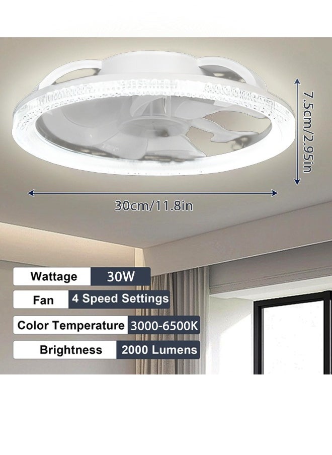 Ultra-Quiet Ceiling Fan with Light & Remote Control - 31cm Modern White, 4 Speeds, Stepless Dimming (3000K-6500K), Energy Efficient for Bedroom & Living Room - Easy E27 Socket Installation