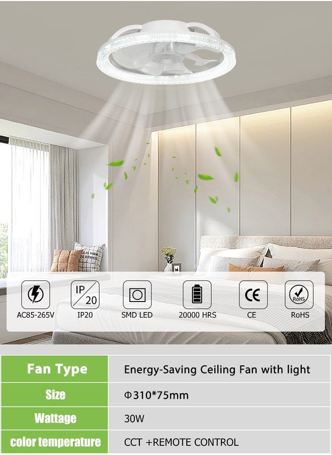 Ultra-Quiet Ceiling Fan with Light & Remote Control - 31cm Modern White, 4 Speeds, Stepless Dimming (3000K-6500K), Energy Efficient for Bedroom & Living Room - Easy E27 Socket Installation