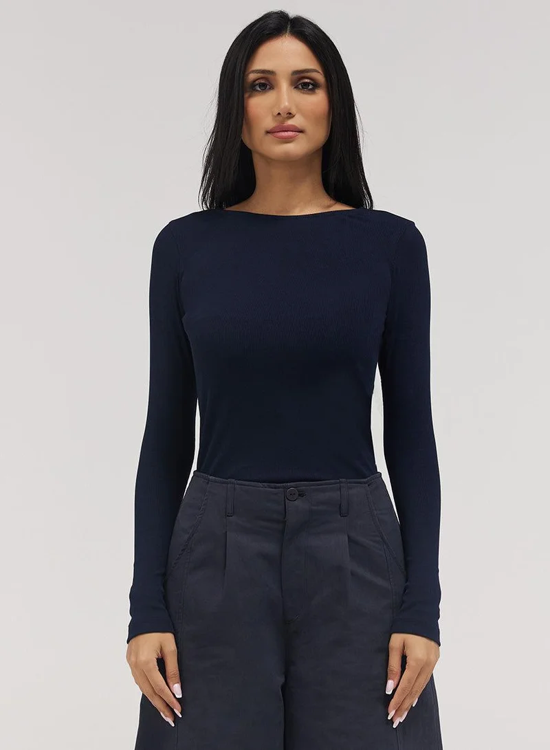 Zigzag Rib Long Sleeve Top - Navy Blue