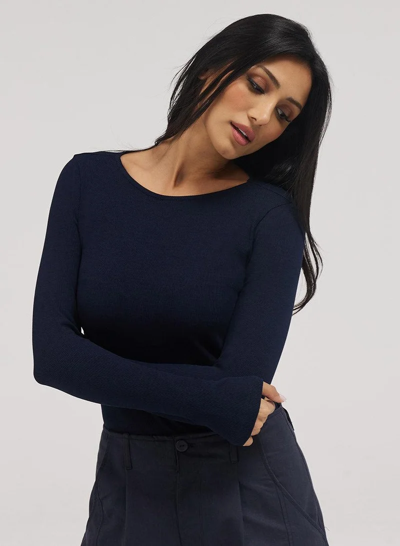 Zigzag Rib Long Sleeve Top - Navy Blue