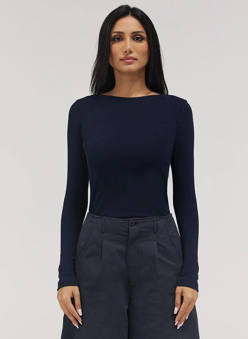 Zigzag Rib Long Sleeve Top - Navy Blue