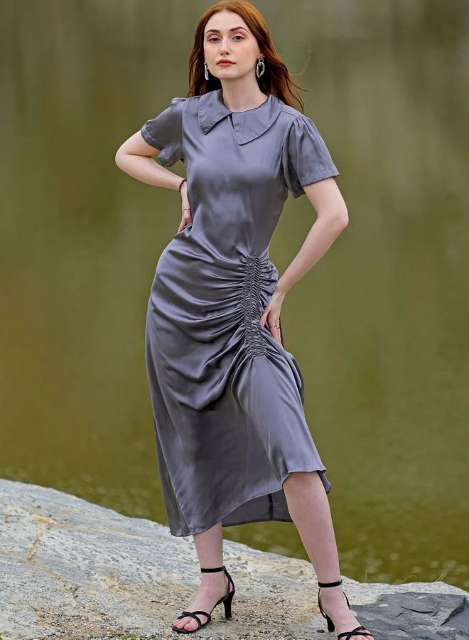 Women Straight Fit Solid Round Neck Short Sleeve Asymmetric Dress