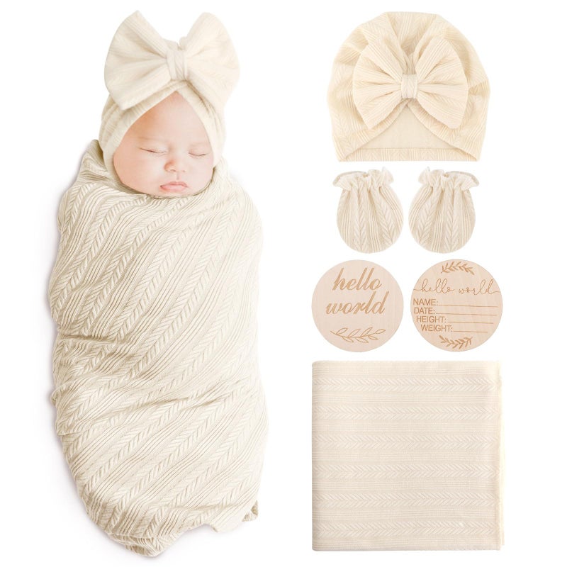 AQOKKA Newborn Receiving Blanket with Bow Hat Mittens Wooden Card Set WheatPattern Newborns Toddler Baby Boy Girl Nursery Swaddle Wrap - Image 2