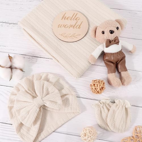 AQOKKA Newborn Receiving Blanket with Bow Hat Mittens Wooden Card Set WheatPattern Newborns Toddler Baby Boy Girl Nursery Swaddle Wrap - Image 3